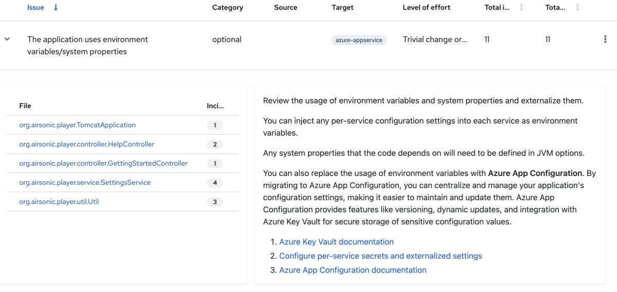 Screenshot of the AppCAT issue detail report.