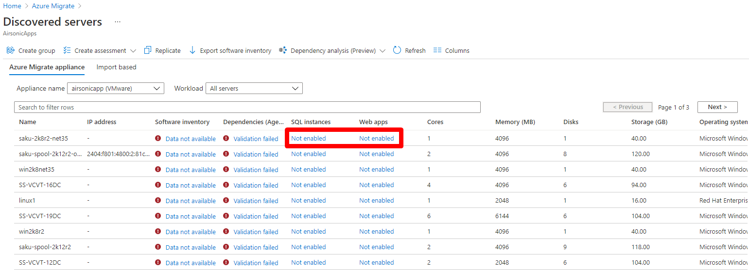 Azure Migrate discovered servers blade with SQL and web apps discovery not enabled