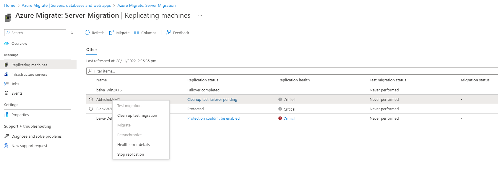 Screenshot of Health error details option in the Replication machines screen.