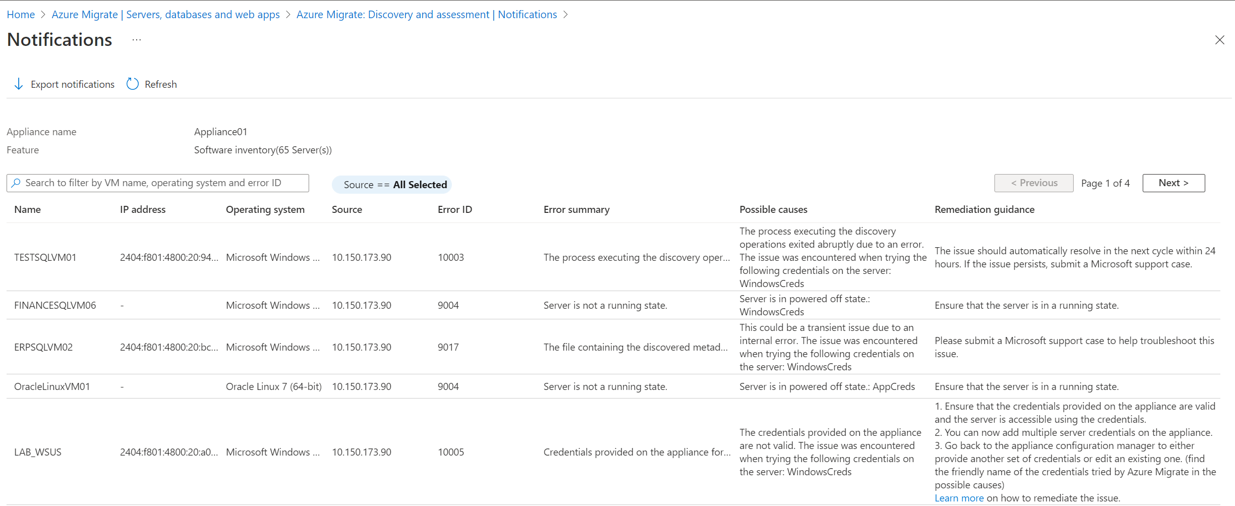 Screenshot of Export notifications screen.