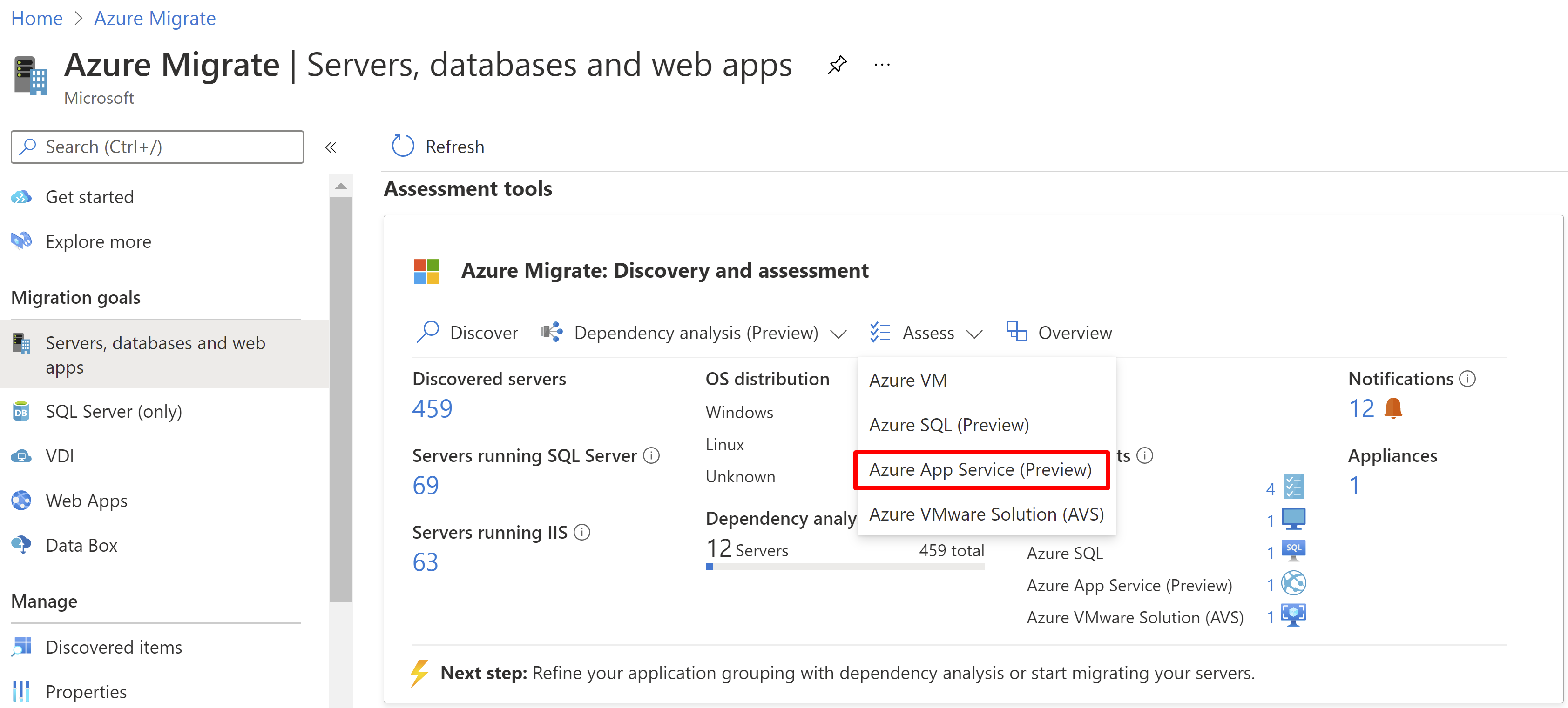 Dropdown to choose assessment type as Azure App Service