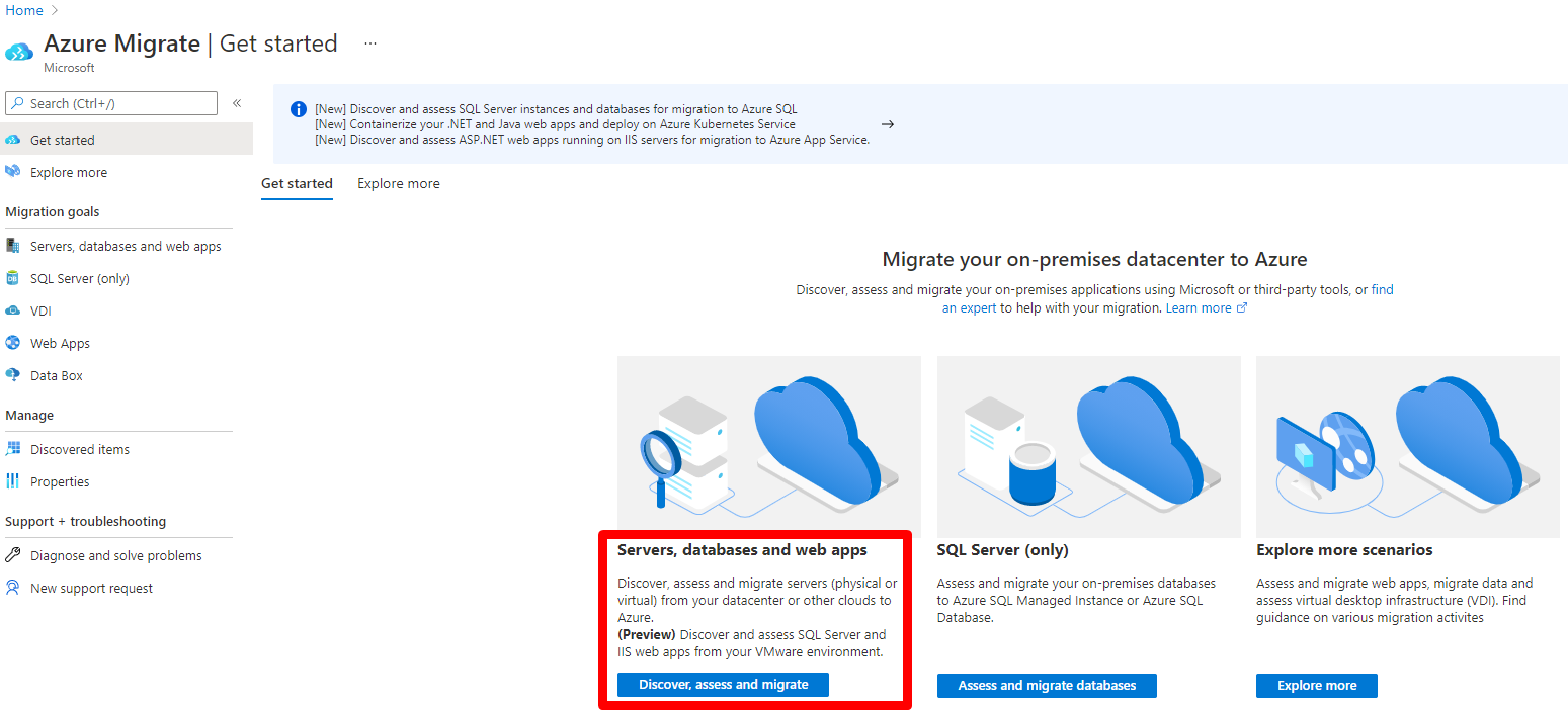 Overview page for Azure Migrate