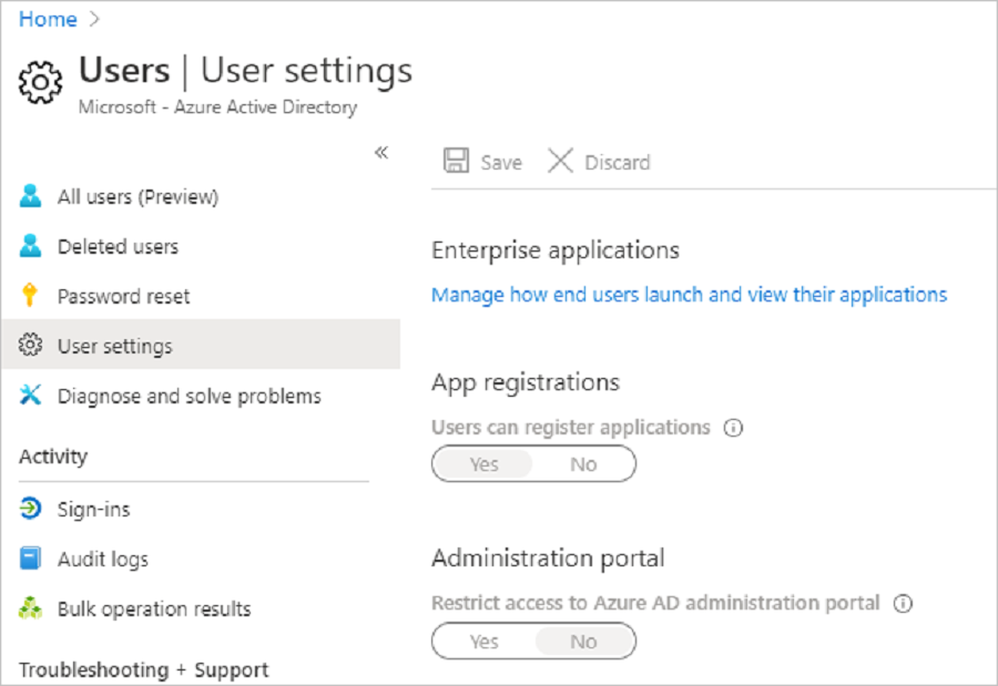 Image to Verify in User Settings that users can register Active Directory apps