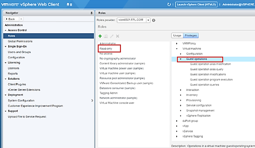 Screenshot that shows the vSphere web client and how to create a new account and select user roles and privileges.