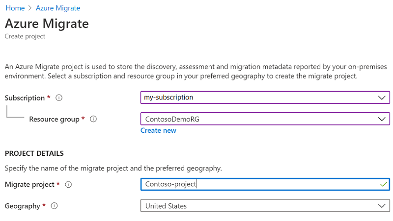 Screenshot that shows how to add project details for a new Azure Migrate project.
