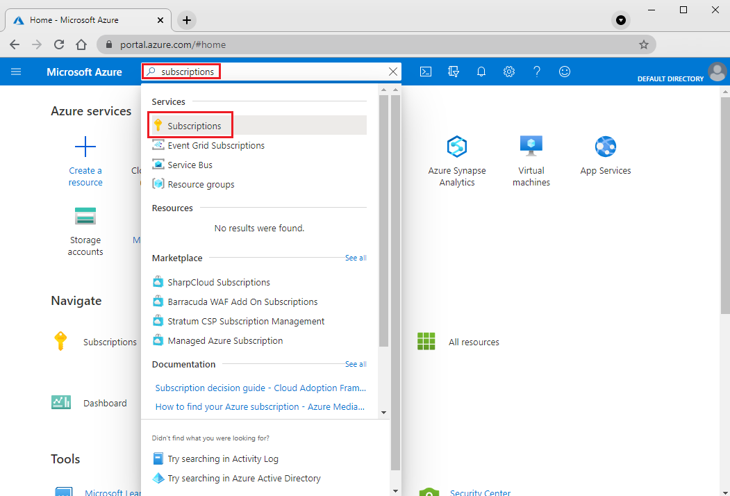 Screenshot of search box to search for the Azure subscription.