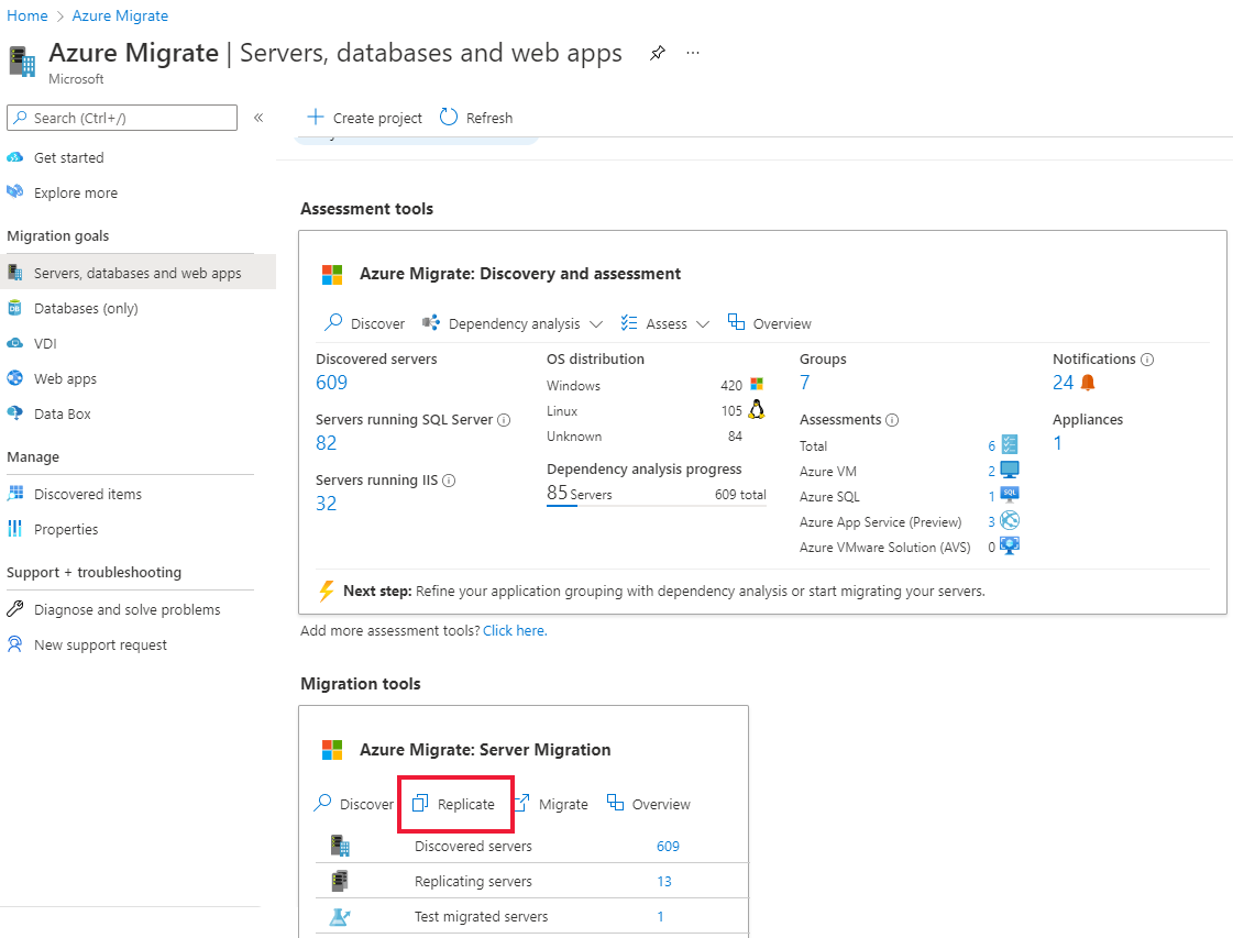 Screenshot  of the Servers screen in Azure Migrate. The Replicate button is selected in the Migration and modernization tool under Migration tools.