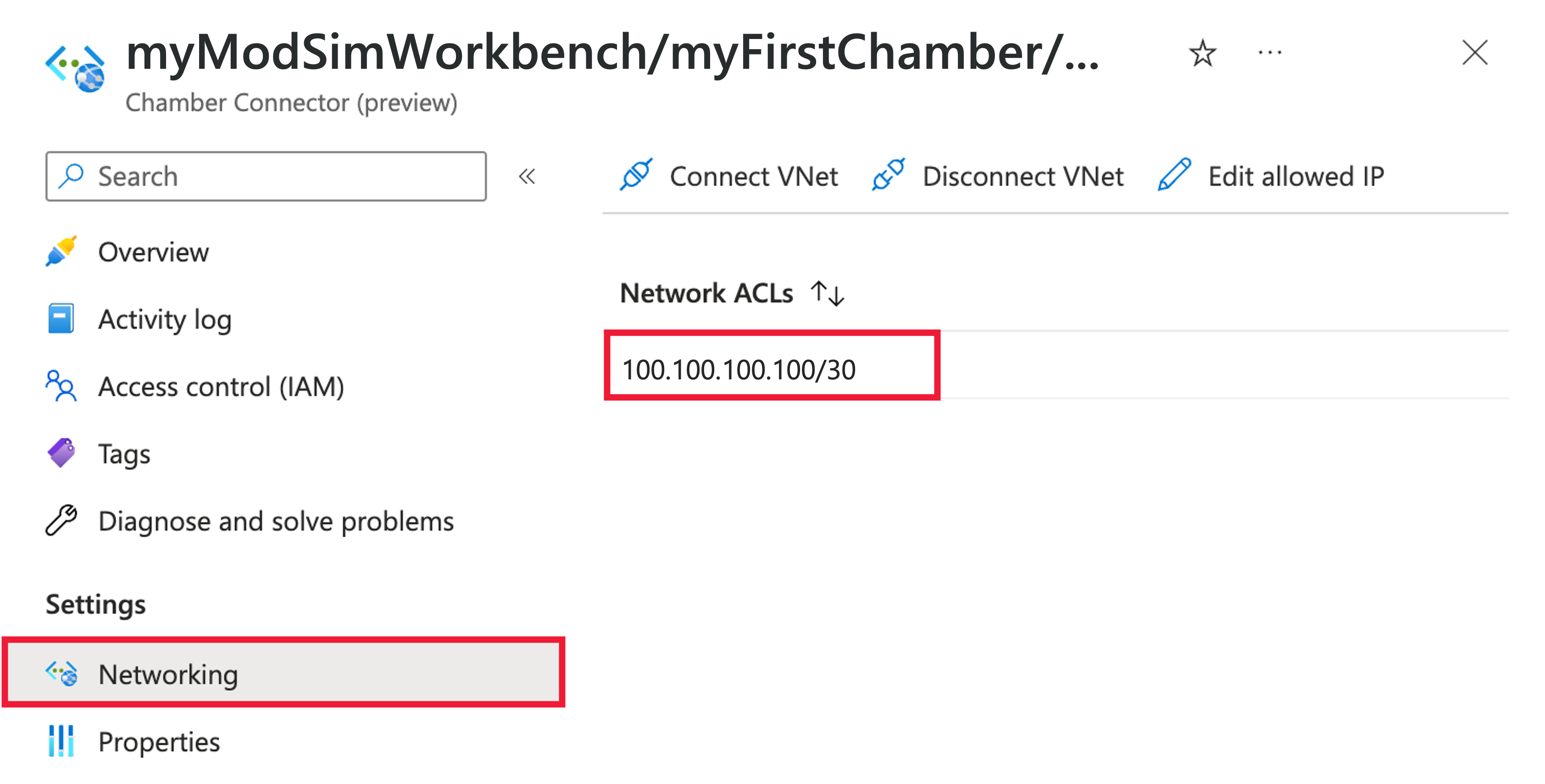 Screenshot of the Azure portal in a web browser, showing the allowlist for chamber connector networking.