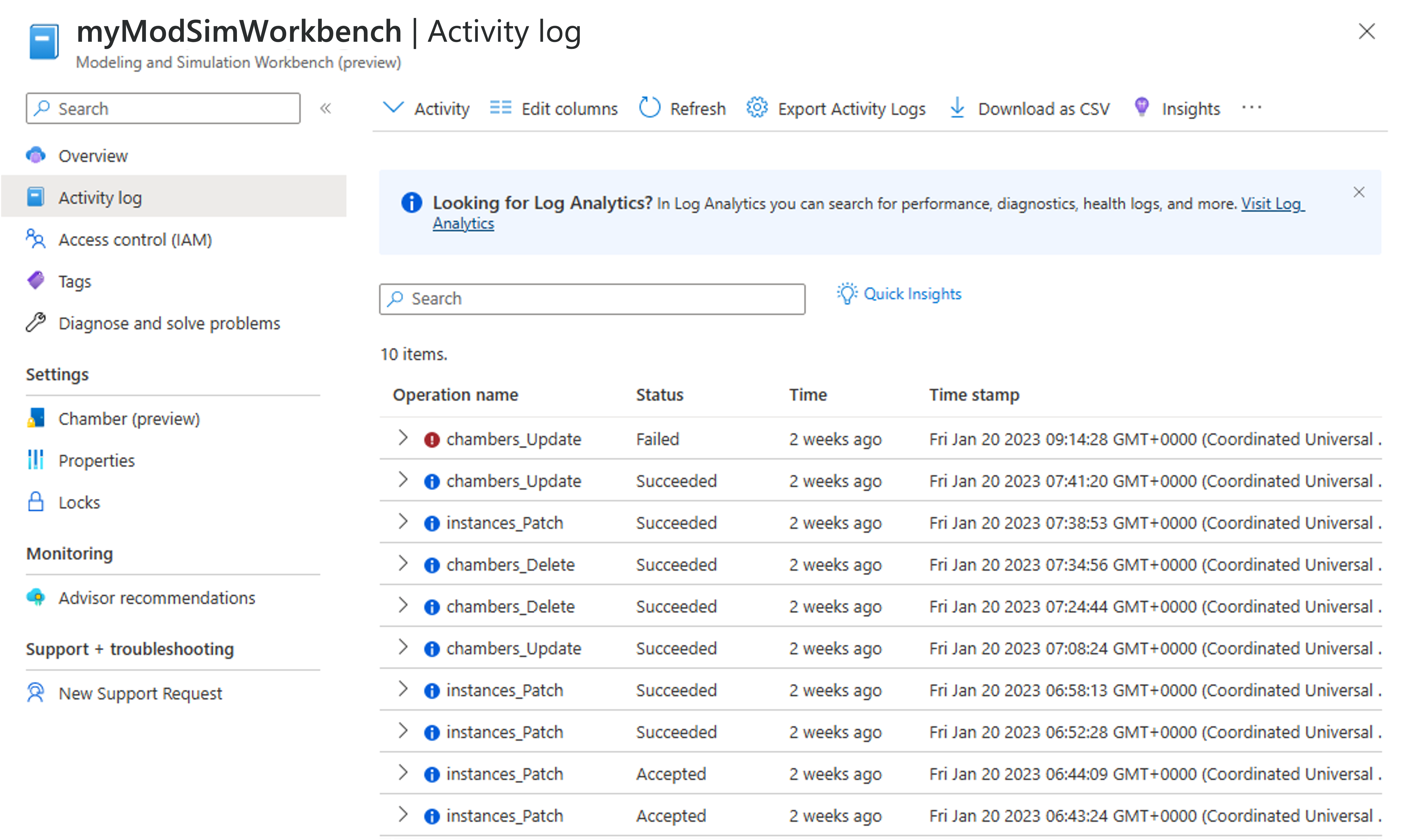 Screenshot of the Azure portal in a web browser, showing the activity log for a workbench.