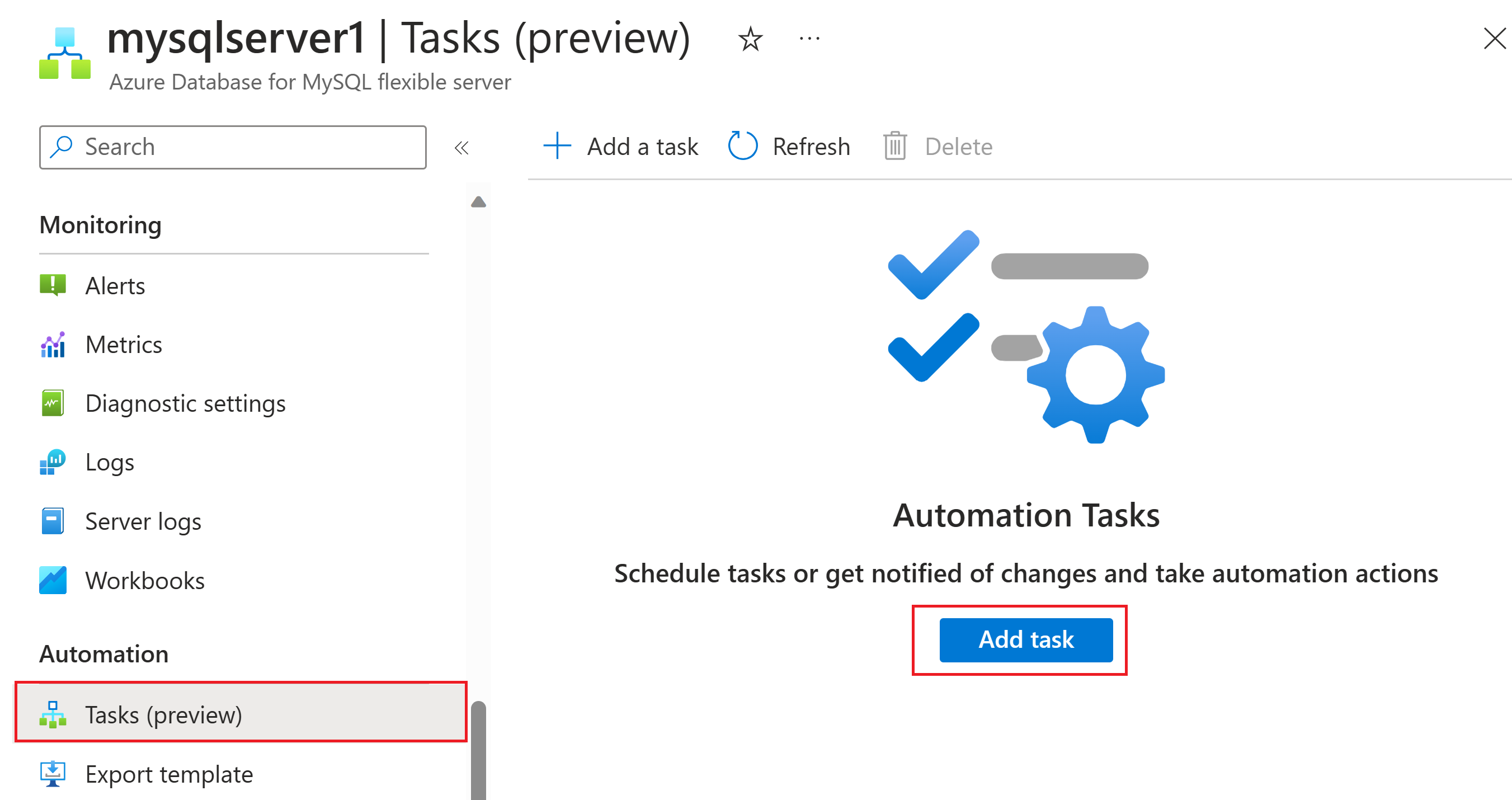 Screenshot that shows the "Tasks (preview)" pane with "Add a task" selected.