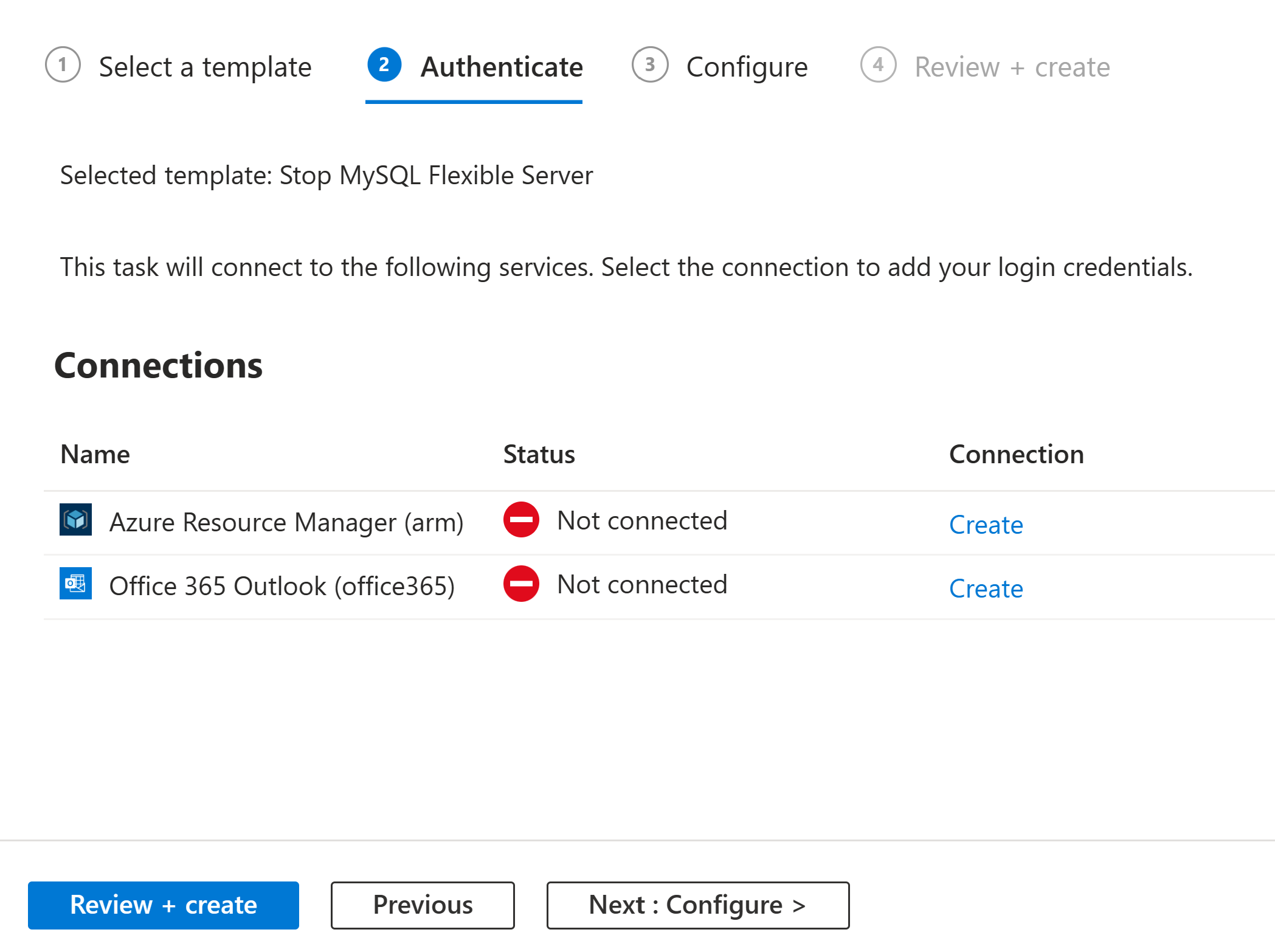 Screenshot that shows the selected "Create" option for the Azure Resource Manager connection.