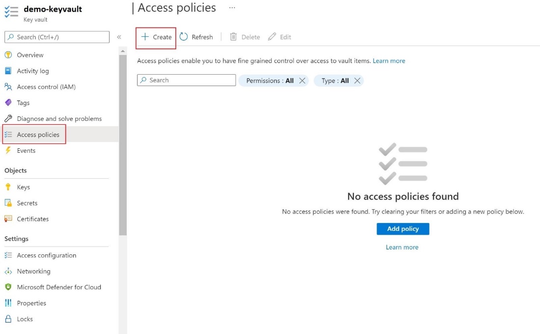 Screenshot of Key Vault Access Policy in the Azure portal.