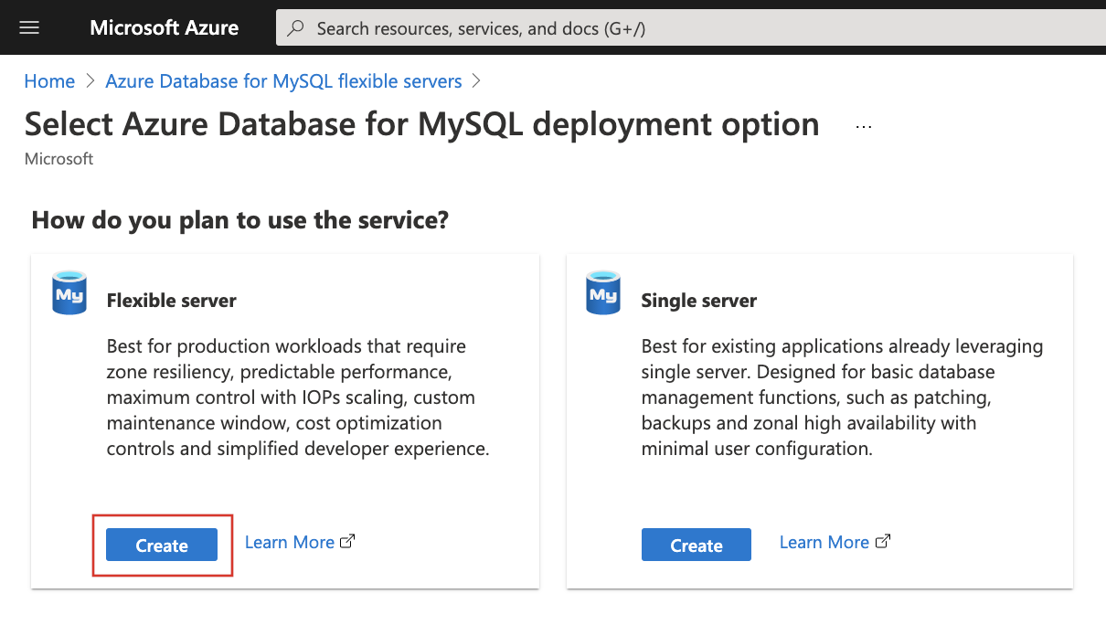 Screenshot that shows the Flexible Server Deployment Option to be chosen.