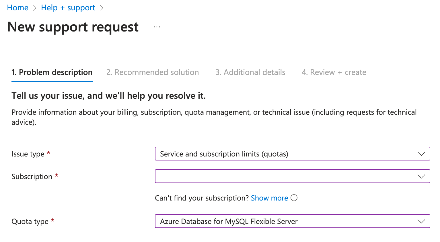 Screenshot of new support request.