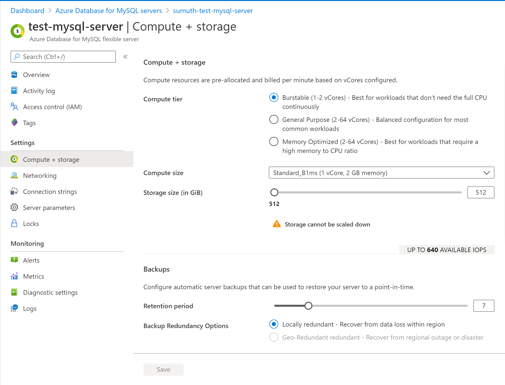 Scaling storage for Azure Database for MySQL flexible server.