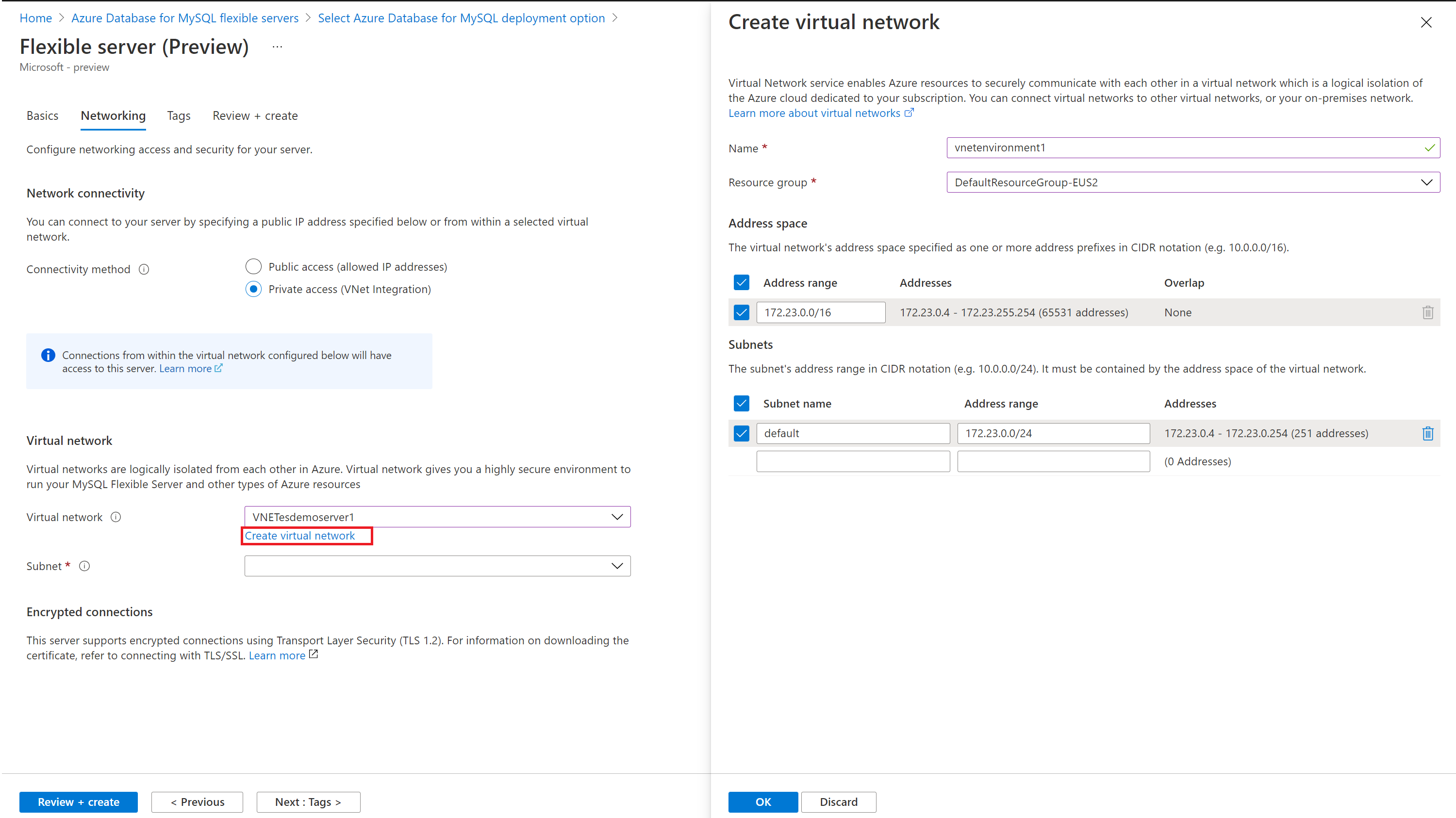 Screenshot that shows the Networking tab with new VNET.
