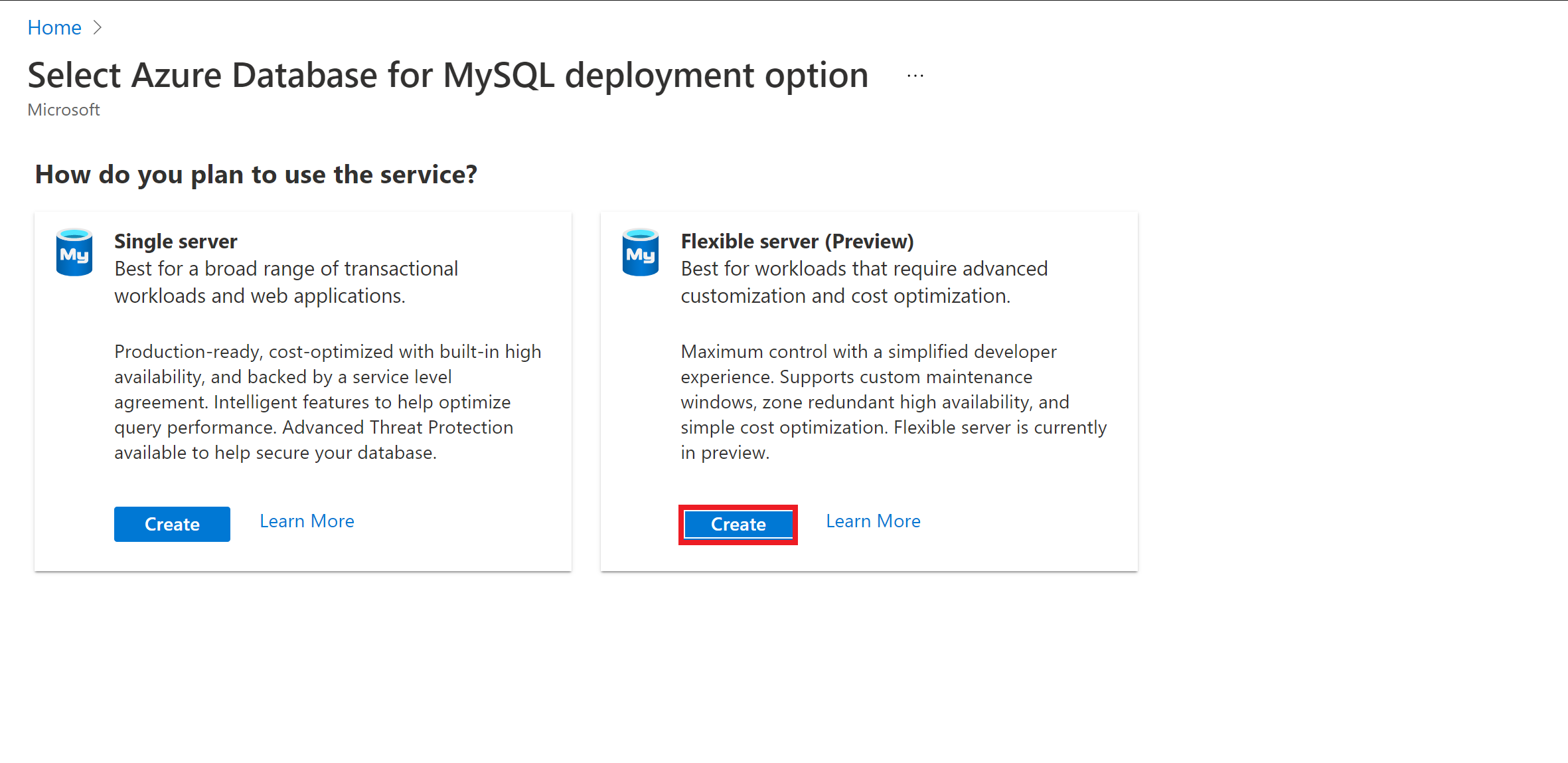 Screenshot that shows the Flexible server option.