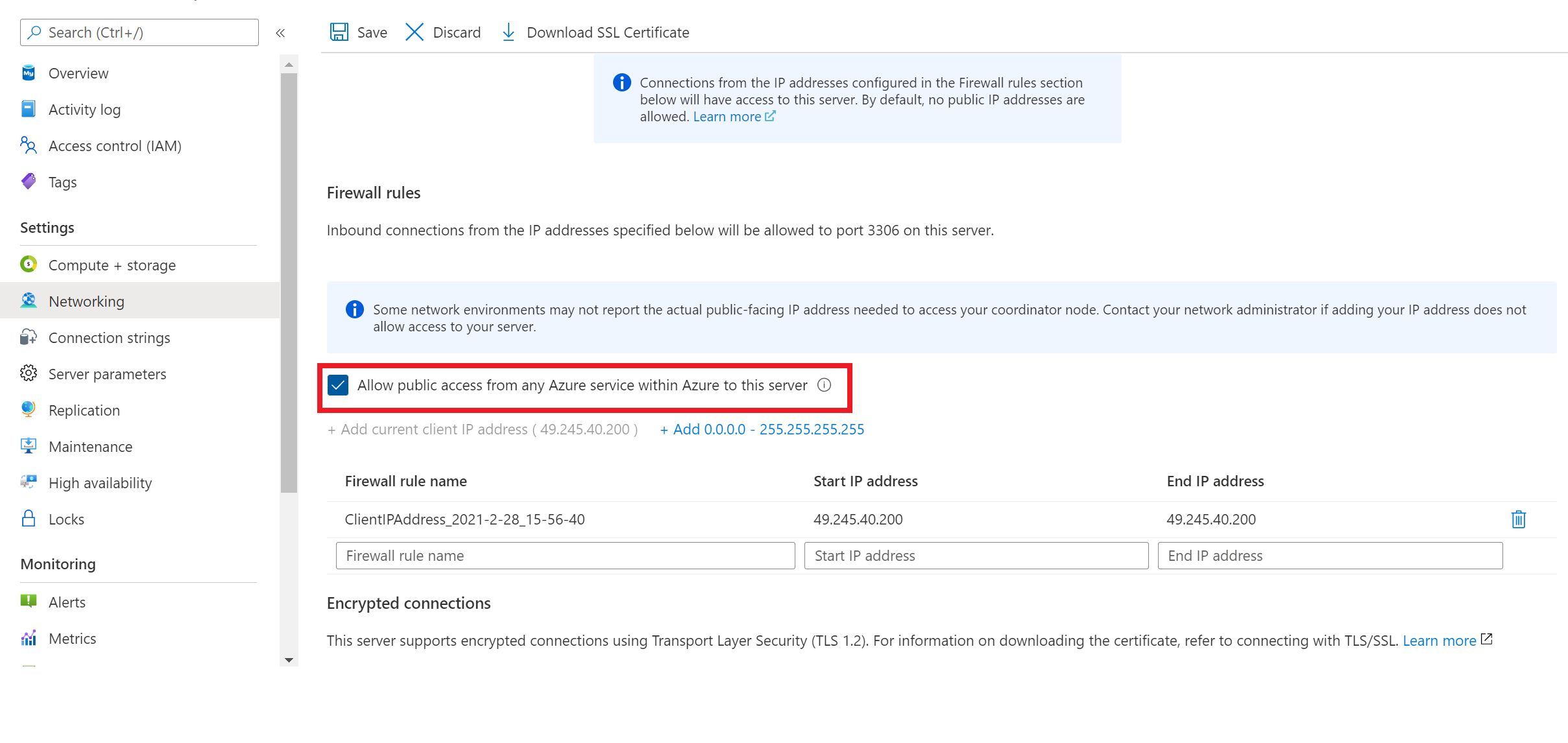 Screenshot that shows how to allow Azure Cloud Shell access to MySQL flexible server for public access network configuration.