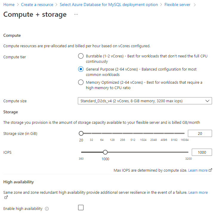 Screenshot that shows compute and storage options.