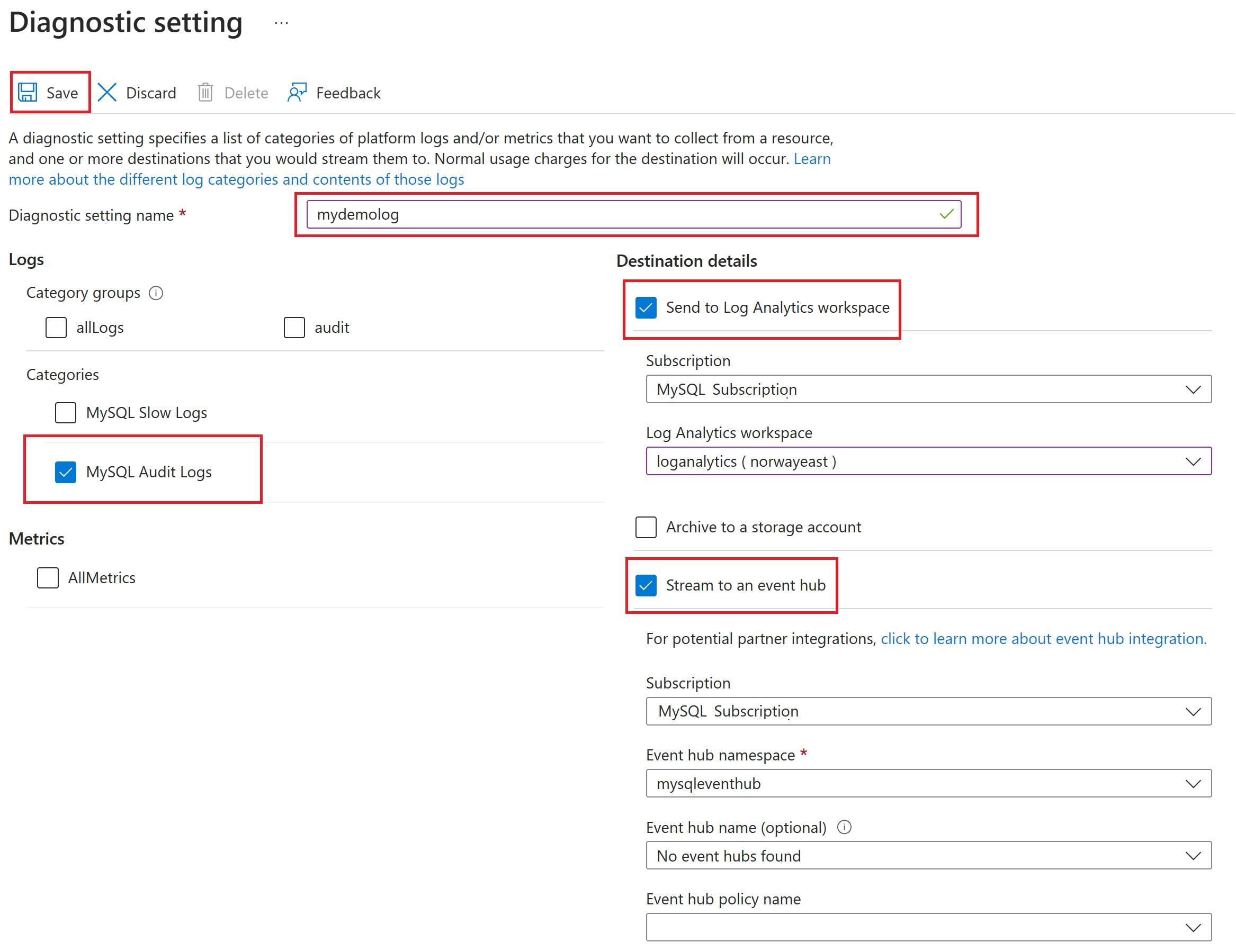 Screenshot of the 'Diagnostics settings' pane for selecting configuration options.