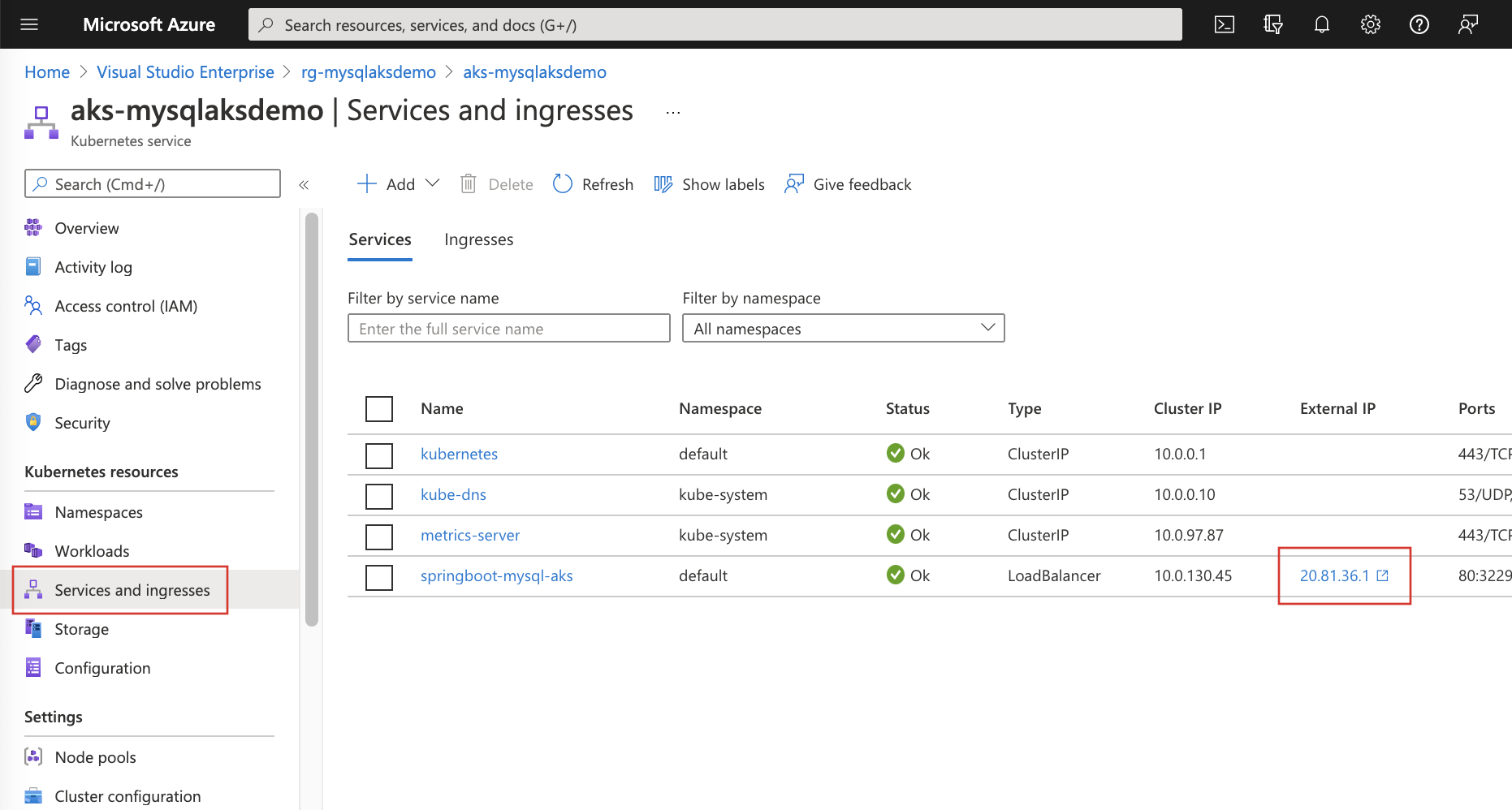 Screenshot that shows Azure portal view of Azure Kubernetes cluster service external IP.