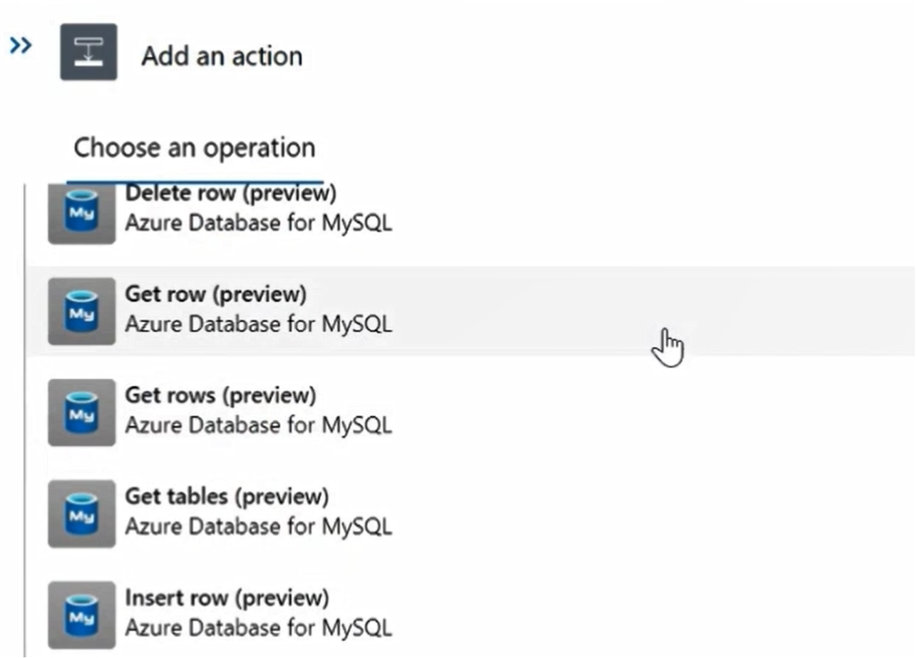 Screenshot Azure Database for MySQL flexible server action listed.