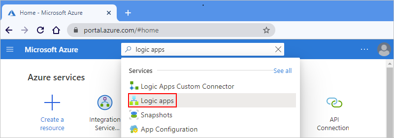 Screenshot that shows Azure portal search box with logic apps.