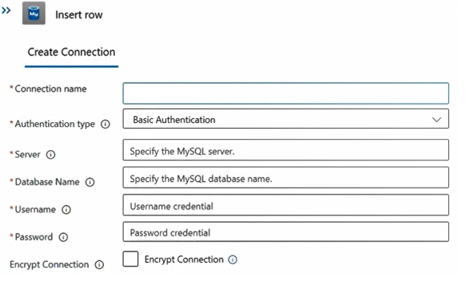 Screenshot Insert row action for Azure Database for MySQL flexible server.