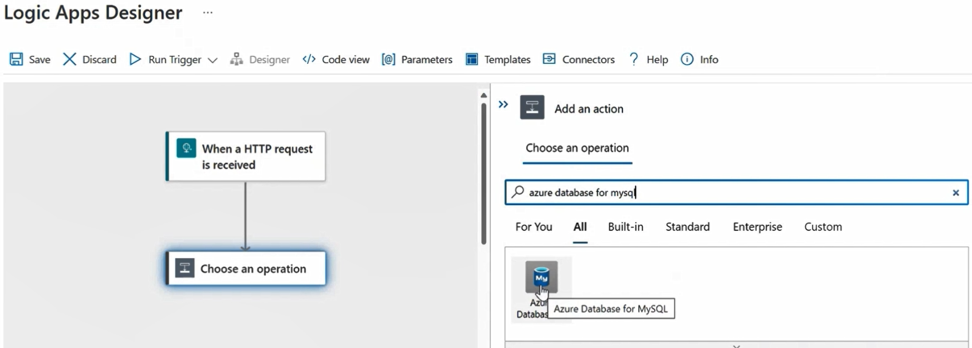 Screenshot searching for azure database for mysql.