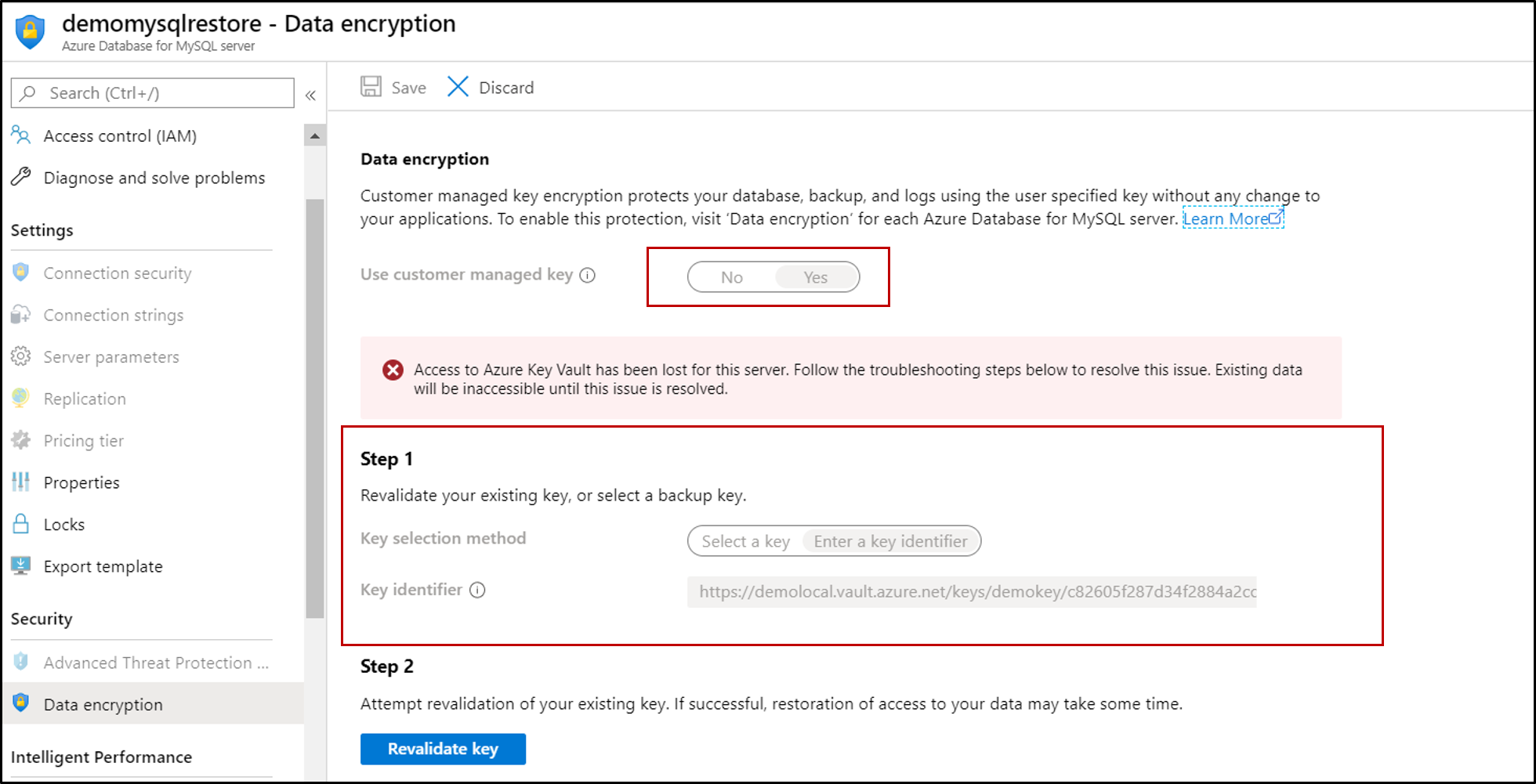 Screenshot of Azure Database for MySQL, with revalidation step highlighted