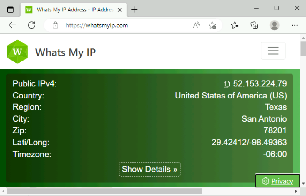 Screenshot of outbound IP address.