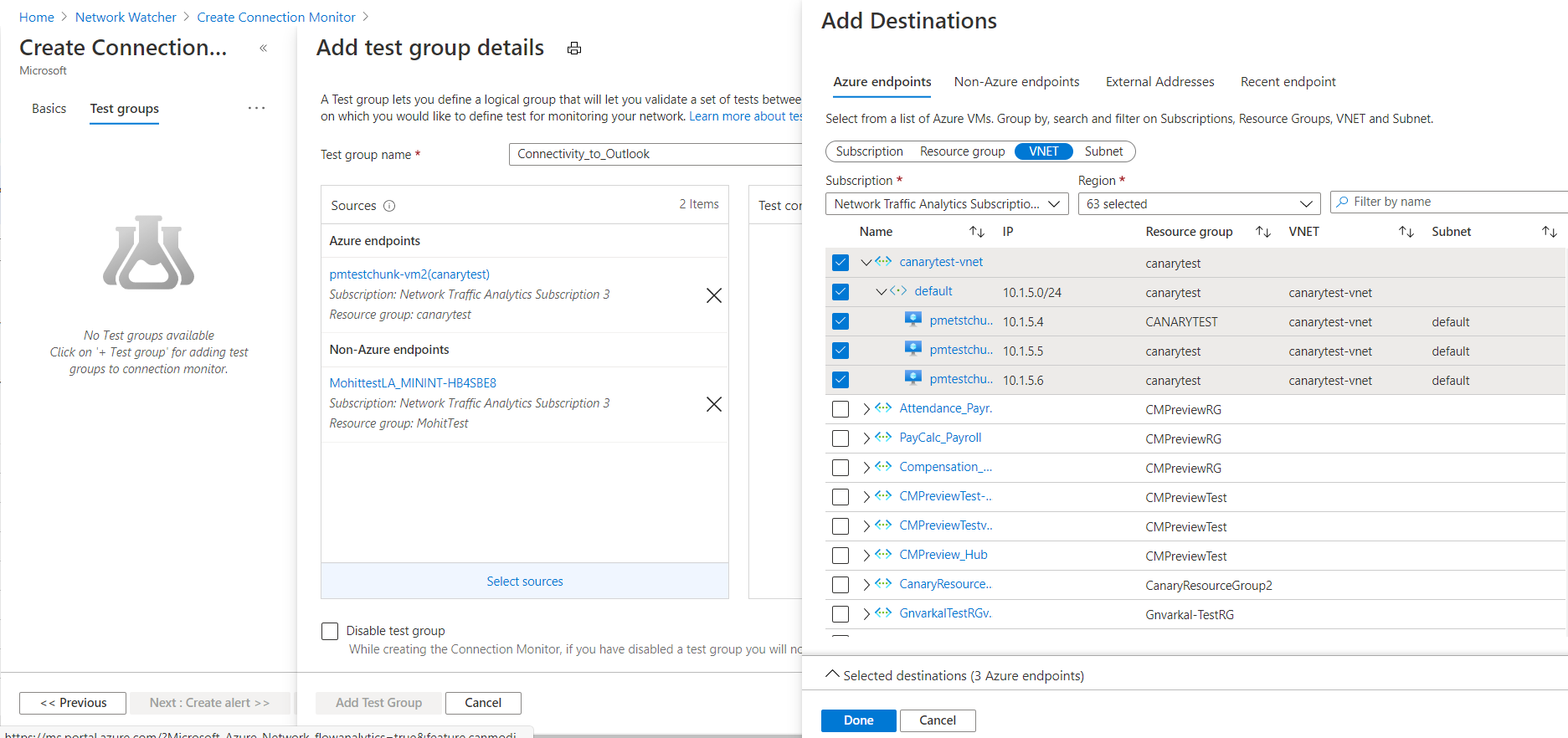 <Screenshot that shows the 'Add Destinations' pane and the 'Azure endpoints' pane.>