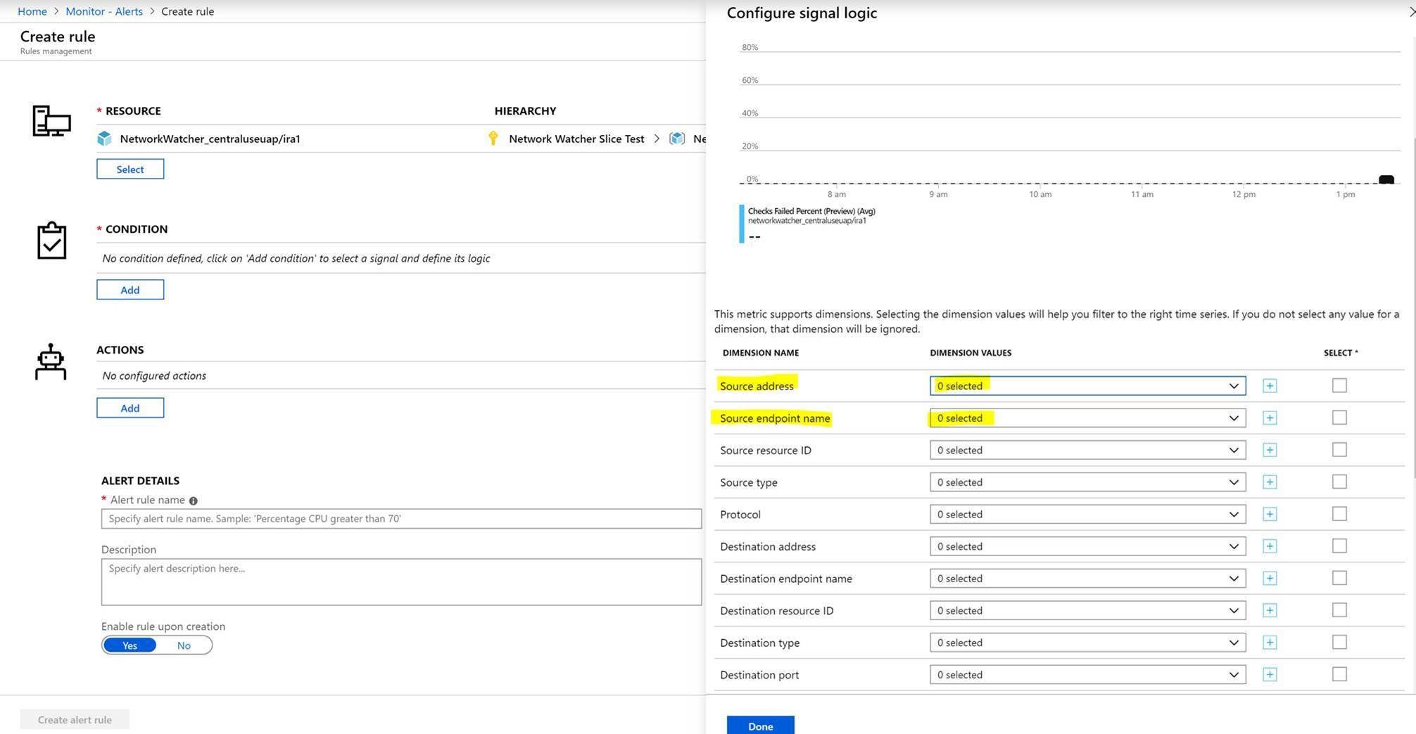 Screenshot showing the 'Create rule' pane in Azure Monitor, with the 'Source address' and 'Source endpoint name' fields highlighted.