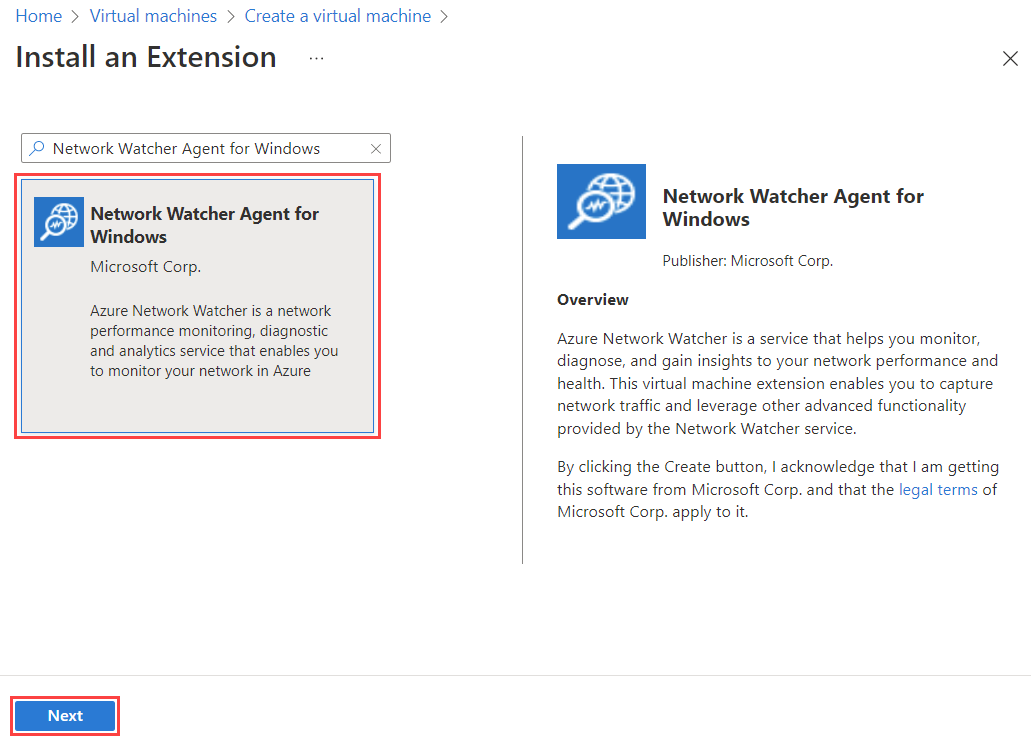 Screenshot of installing Network Watcher Agent for Windows when creating a Windows VM.