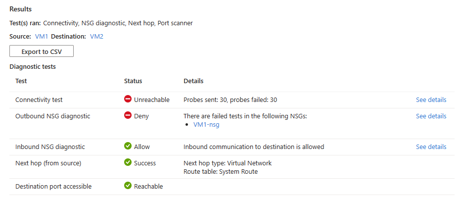 Screenshot that shows connection troubleshoot results after testing the connection from a virtual machine that has a denying outbound security rule.