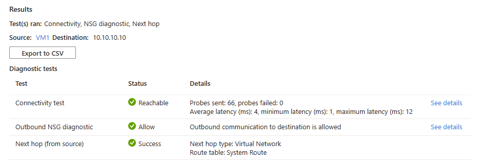 Screenshot that shows connection troubleshoot results after testing the connection to a reachable IP address.