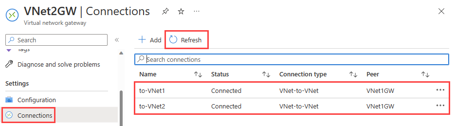 Screenshot shows the gateway connections in the Azure portal and their connected status.