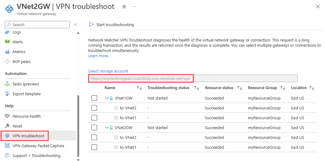 Screenshot shows vpn troubleshoot in the Azure portal before troubleshooting started.
