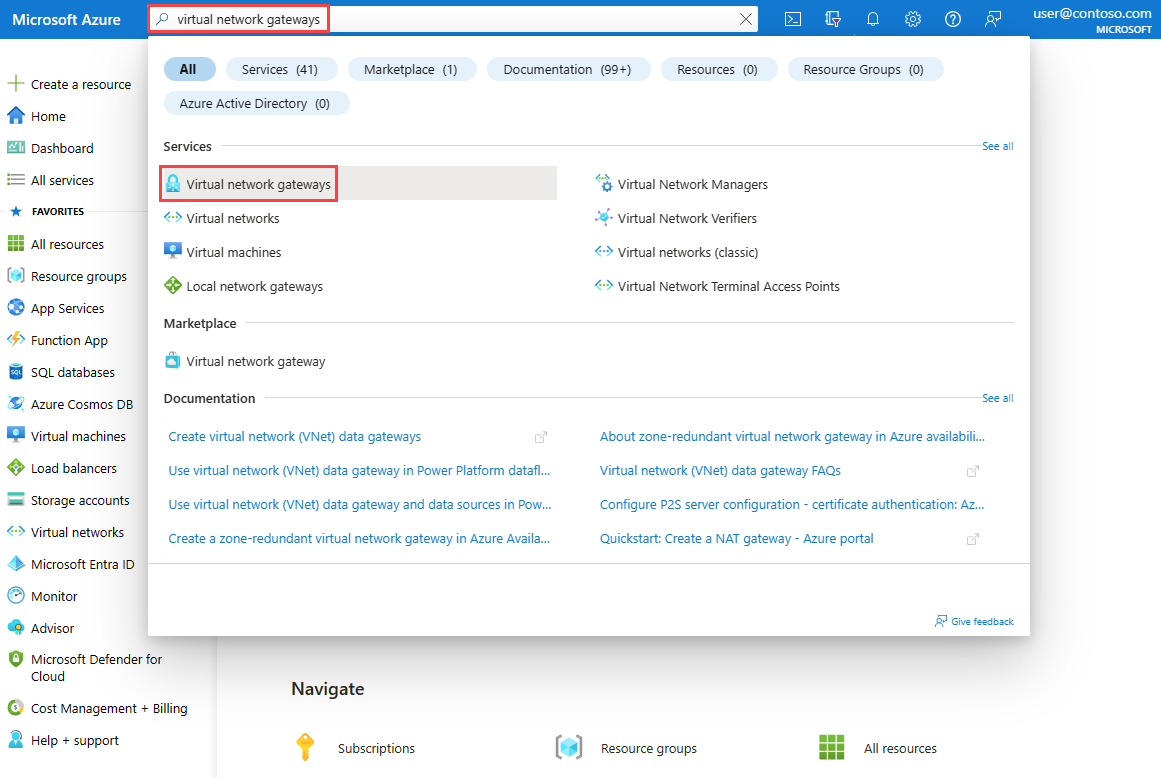 Screenshot shows searching for virtual network gateways in the Azure portal.