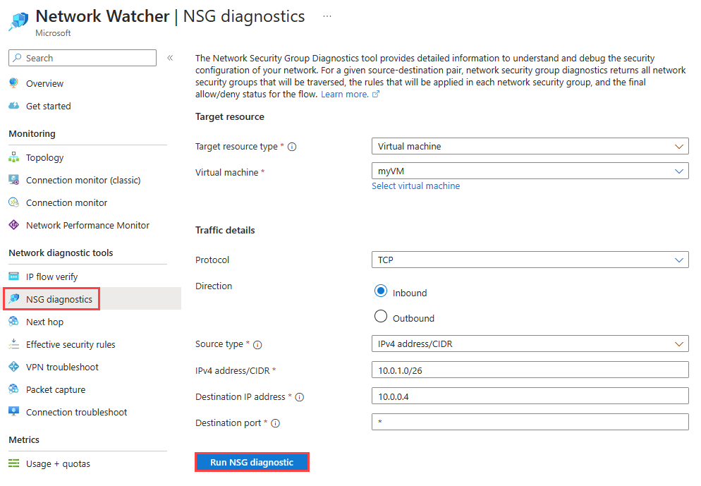 Screenshot showing required values for NSG diagnostics to test inbound connections to a virtual machine in the Azure portal.