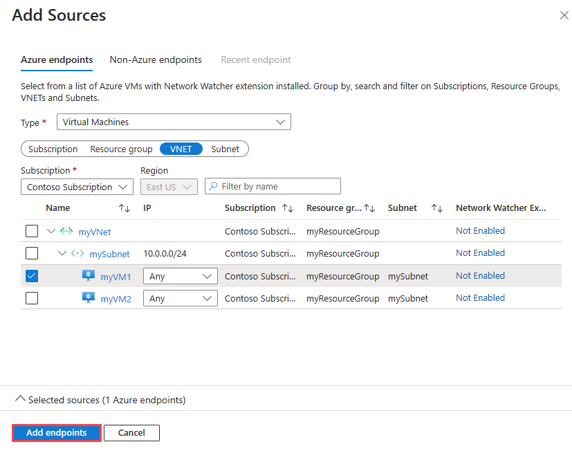 Screenshot shows how to add a source endpoint for a connection monitor in the Azure portal.