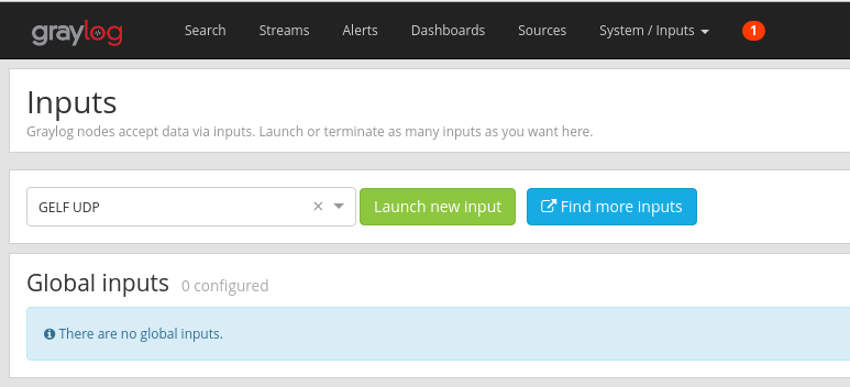 Screenshot shows the Graylog Inputs, with options to launch and find inputs.