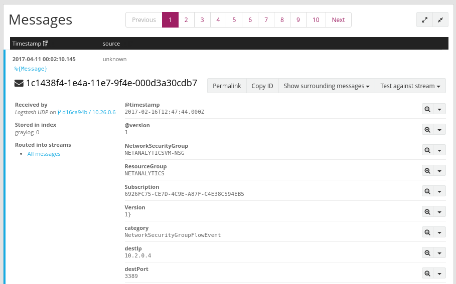 Screenshot shows message detail from the Graylog server.