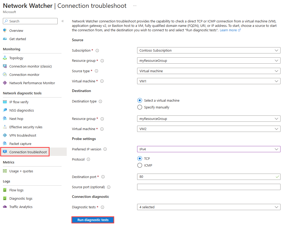 Screenshot of Network Watcher connection troubleshoot in Azure portal to test the connection between two connected virtual machines.