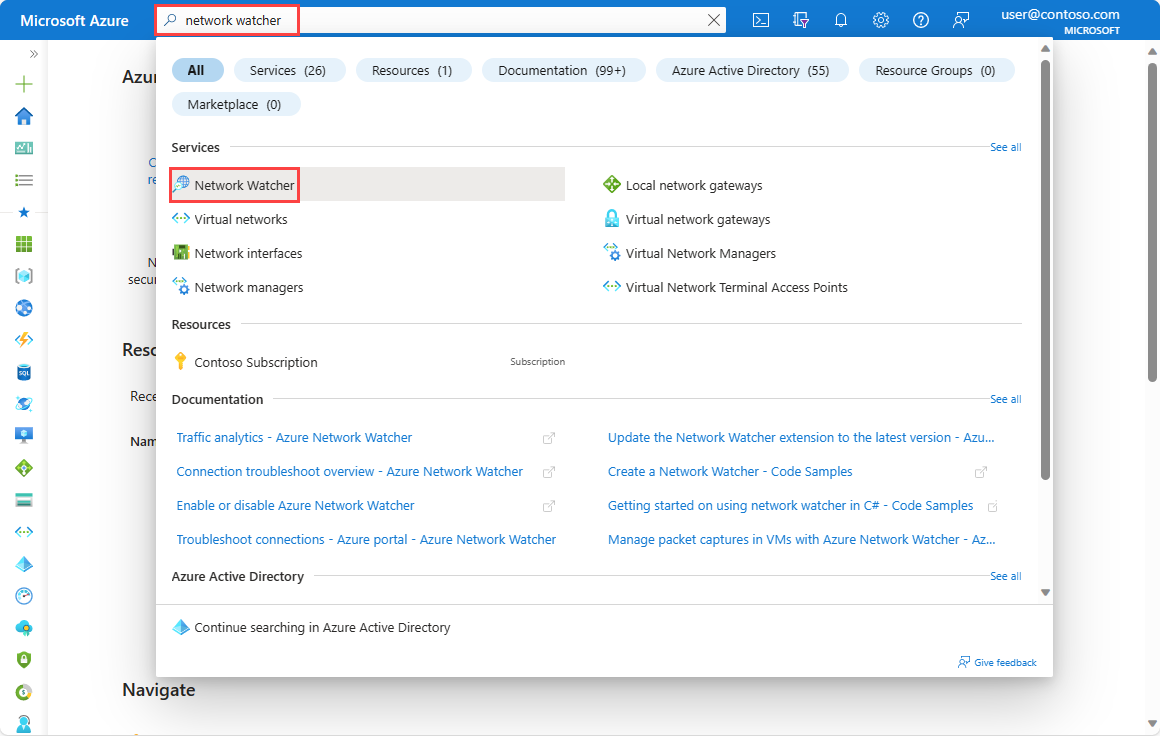 Screenshot shows how to search for Network Watcher in the Azure portal.