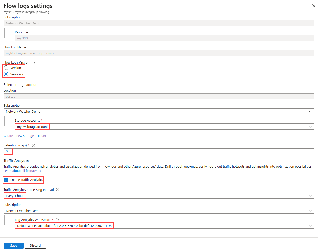 Screenshot of Flow logs settings page in the Azure portal where you can change some settings.