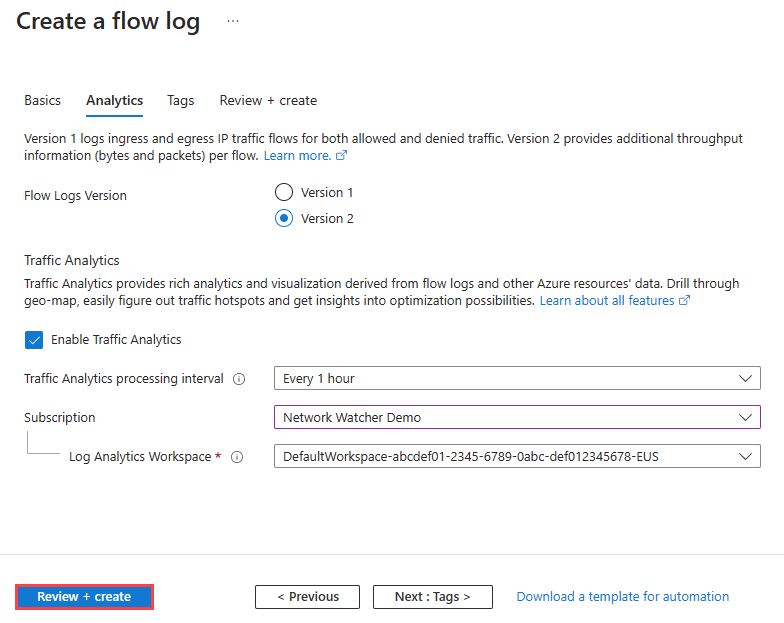 Screenshot of enabling traffic analytics for a flow log in the Azure portal.