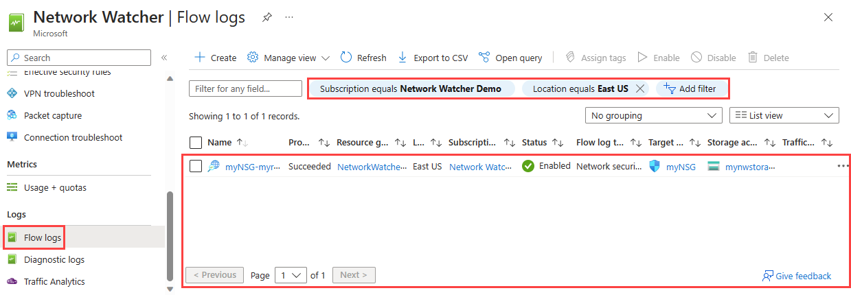 Screenshot shows how to use filters to list all existing flow logs in a subscription using the Azure portal.