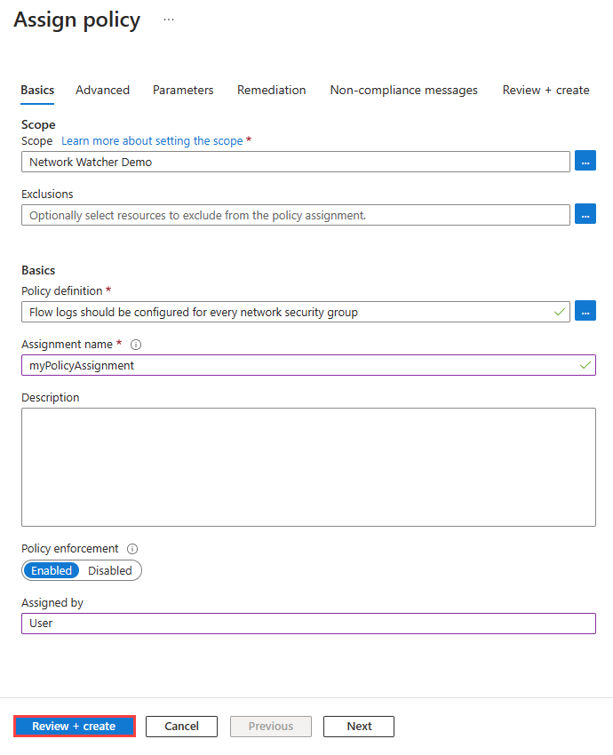 Screenshot of the Basics tab to assign an audit policy in the Azure portal.