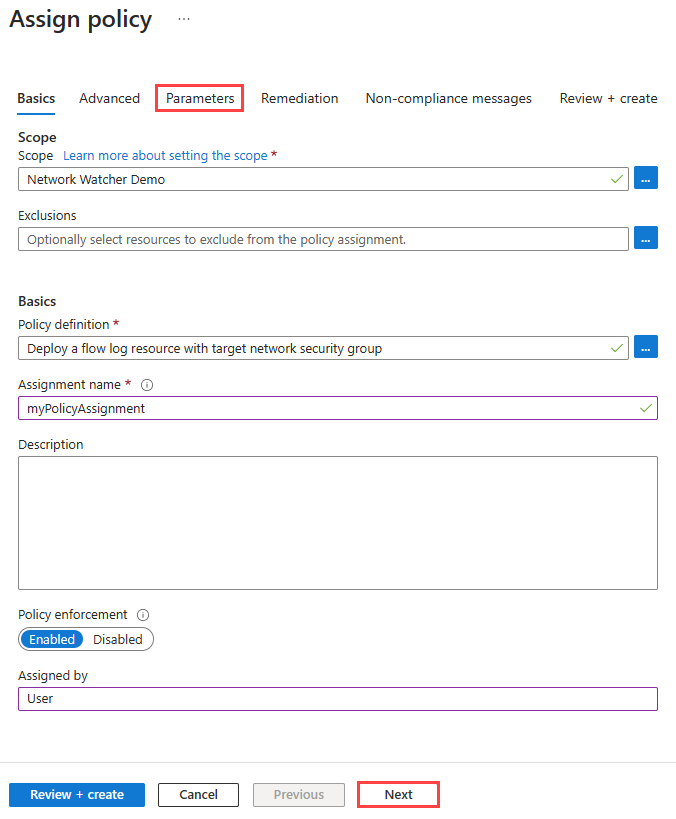 Screenshot of Basics tab to assign a deployment policy in the Azure portal.